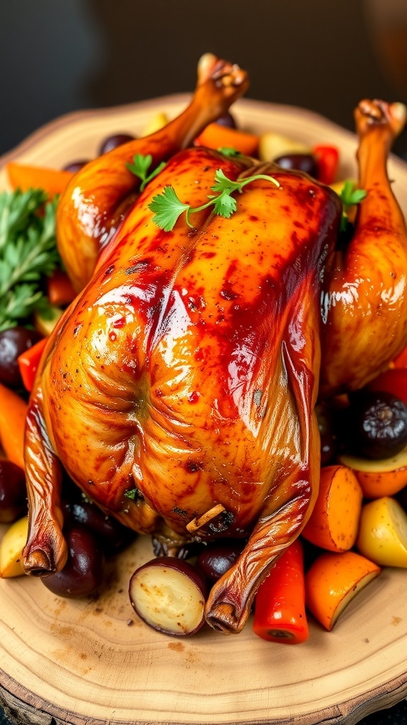 Crispy roasted duck on a wooden platter with herbs and roasted vegetables.